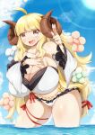  1girl ahoge anila_(granblue_fantasy) belly_chain bikini blonde_hair blush breasts cloud cloudy_sky curled_horns detached_sleeves draph eyebrows_visible_through_hair frilled_bikini frilled_sleeves frills granblue_fantasy highres hikimayu horns huge_breasts jewelry layered_bikini lens_flare long_hair ocean open_mouth raiden_(raiden_labo) ribbon skindentation sky solo sun swimsuit thick_thighs thigh_ribbon thighs v very_long_hair wading yellow_eyes 