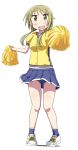  1girl blonde_hair blue_legwear blue_panties blue_skirt cheerleader commentary_request full_body holding holding_pom_poms ichii_yui ki_(adotadot) long_hair looking_at_viewer panties pleated_skirt pom_pom_(cheerleading) shirt shoes skirt sneakers socks solo standing underwear yellow_eyes yellow_shirt yuyushiki 