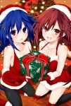  2girls :d alternate_costume ankokuboshi_kurome bare_shoulders belt black_belt black_legwear blue_eyes blue_hair blush boots bow bow_legwear braid breasts christmas christmas_present christmas_tree christmas_tree_hair_ornament cleavage dress elbow_gloves fingerless_gloves fur-trimmed_boots fur-trimmed_dress fur-trimmed_gloves fur-trimmed_headwear fur_trim gift gloves hair_ornament happy highres holding holding_gift indoors iwashi_dorobou_-r- knee_boots kneehighs kneeling long_hair looking_at_viewer medium_breasts multiple_girls neptune_(series) orange_eyes pantyhose purple_eyes red_bow red_dress red_gloves red_hair shin_jigen_game_neptune_vii sleeveless sleeveless_dress smile snowflake_print tennouboshi_uzume twin_braids twintails very_long_hair 