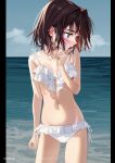  1girl absurdres arm_at_side bikini blue_eyes blue_sky blush breasts brown_eyes cloud collarbone contrapposto elisia_valfelto groin hair_intakes highres horizon looking_to_the_side luicent navel nose_blush ocean original pillarboxed short_hair side-tie_bikini sky small_breasts solo swimsuit swimsuit_skirt white_bikini 