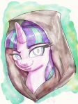  2021 bust_portrait equid equine eyebrows eyelashes female feral friendship_is_magic fur hair hi_res hood horn looking_at_viewer mammal multicolored_hair my_little_pony painting_(artwork) pink_body pink_fur portrait purple_eyes purple_hair raikoh-illust smile smiling_at_viewer solo starlight_glimmer_(mlp) teal_hair traditional_media_(artwork) two_tone_hair unicorn watercolor_(artwork) 