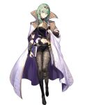  1girl arm_guards armor bangs belt black_footwear book boots byleth_(fire_emblem) byleth_(fire_emblem)_(female) cape closed_mouth dagger fire_emblem fire_emblem:_three_houses fire_emblem_heroes full_body gold_trim green_eyes green_hair highres holding jewelry kakage knee_boots knife looking_at_viewer midriff navel official_art pantyhose shiny shiny_clothes short_hair short_sleeves shorts smile solo standing stomach tiara transparent_background weapon 