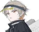  1boy black_jacket commentary_request grey_hair jacket looking_at_viewer male_focus orange_eyes original parted_lips short_hair simple_background solo torino_kawazu upper_body visor_cap white_background wings 