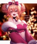  1girl :d absurdres ahoge bandeau bare_shoulders bell black_choker blonde_hair blurry bow breasts brown_eyes choker christmas christmas_lights cleavage crop_top depth_of_field fang fur_trim hair_bow highres jacket large_breasts long_hair long_sleeves looking_at_viewer midriff off_shoulder open_clothes open_jacket original osuti red_jacket revealing_clothes santa_costume smile solo stomach twintails upper_body 