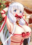  1girl absurdres arms_behind_head arms_up azur_lane bdsm bell blue_eyes bondage bound bow breasts christmas christmas_tree highres huge_breasts illustrious_(azur_lane) indoors jelilianamiku long_hair looking_at_viewer mouth_hold naked_ribbon neck_bell red_bow red_ribbon ribbon solo upper_body very_long_hair white_hair 