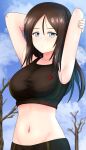  1girl armpits arms_behind_head arms_up bangs bare_tree black_hair black_sports_bra blue_eyes blue_sky blurry blurry_background blush breasts closed_mouth cloud cloudy_sky commentary day depth_of_field girls_und_panzer half-closed_eyes highres large_breasts light_frown long_hair looking_at_viewer midriff navel nonna_(girls_und_panzer) outdoors redbaron sky solo sports_bra standing swept_bangs tree twitter_username upper_body 