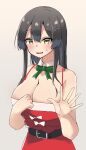  1girl alternate_costume belt black_hair breasts cleavage commentary_request dress fur-trimmed_dress fur_trim grey_background hair_ornament hairclip highres kantai_collection large_breasts looking_at_viewer oyashio_(kancolle) red_dress solo upper_body wasumi_kei yellow_eyes 