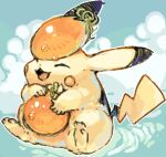  ^_^ animal_focus blue_background blue_sky blush_stickers closed_eyes cloud commentary_request day food fruit full_body happy holding holding_food holding_fruit jaggy_line lowres no_humans open_mouth outdoors outline oyama_yoihaya persimmon pikachu pokemon pokemon_(creature) ripples sitting sky smile solo water_drop white_outline 
