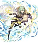  1girl arm_guards armor bangs belt black_footwear book boots byleth_(fire_emblem) byleth_(fire_emblem)_(female) cape dagger fire_emblem fire_emblem:_three_houses fire_emblem_heroes full_body gold_trim green_eyes green_hair high_heel_boots high_heels highres holding holding_book jewelry kakage knee_boots knife leg_up magic midriff navel official_art open_book open_mouth pantyhose shiny shiny_clothes shiny_hair short_hair short_sleeves shorts solo stomach tiara transparent_background weapon 