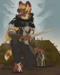  2021 5_fingers african_wild_dog ambiguous_gender anthro blindcoyote blue_eyes canid canine day detailed_background digital_media_(artwork) fingers hi_res holding_object holding_sword holding_weapon mammal melee_weapon open_mouth outside sky solo sword teeth tongue weapon whiskers 