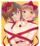  2girls :d bangs blue_eyes blush bow breast_press breasts brown_hair christmas collarbone commentary eyebrows_visible_through_hair eyes_visible_through_hair food fruit hair_between_eyes hair_bow highres ichi_makoto large_breasts looking_at_viewer merry_christmas multiple_girls naked_ribbon original ponytail red_bow red_ribbon ribbon short_hair smile strawberry symmetrical_docking upper_body yellow_eyes 