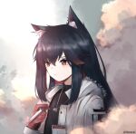  1girl animal_ear_fluff animal_ears arknights black_hair black_shirt blush cigarette closed_mouth eyebrows_behind_hair gloves heart heart_necklace highres holding holding_cigarette hood hood_down hooded_jacket id_card jacket long_hair long_sleeves looking_away meis_(meistral) multicolored_hair official_alternate_costume open_clothes open_jacket red_eyes red_gloves red_hair shirt sidelocks smoke solo texas_(arknights) texas_(winter_messenger)_(arknights) two-tone_hair upper_body white_jacket wolf_ears 