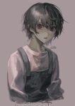  1boy absurdres black_eyes black_hair commentary_request grey_background highres looking_at_viewer male_focus original overalls painterly parted_lips shirt short_hair signature simple_background solo sweatdrop torino_kawazu upper_body white_shirt 
