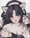  1girl :o animal_ears aogisa arknights bangs black_hair black_headwear blush brown_eyes dog_ears dog_girl dog_tail eyebrows_visible_through_hair facial_mark fang forehead_mark fur-trimmed_sleeves fur_trim hat highres holding holding_sack long_hair long_sleeves looking_at_viewer object_hug open_mouth parted_bangs sack saga_(arknights) santa_hat skin_fang snowflakes solo symbol-only_commentary tail upper_body 