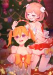  2girls bare_shoulders bell blue_eyes blurry blurry_background bow breasts chinese_commentary choker christmas christmas_ornaments christmas_tree cleavage collarbone commentary_request english_commentary grey_hair headband kneeling long_hair love_live! love_live!_superstar!! mixed-language_commentary multicolored_hair multiple_girls navel neck_bell off-shoulder_shirt off_shoulder open_mouth orange_bow orange_hair pink_hair pink_headband purple_eyes red_bow red_choker red_skirt shibuya_kanon shirt short_hair skirt smile star_(symbol) streaked_hair tang_keke teeth thighhighs twintails uuu&amp;no white_legwear white_shirt wrist_cuffs 