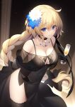  1girl bangs bare_shoulders black_dress black_gloves black_legwear blonde_hair blue_eyes braid braided_ponytail breasts champagne_flute choker cleavage cup dress drinking_glass fate/grand_order fate_(series) flower gloves hair_flower hair_ornament highres jeanne_d&#039;arc_(fate) jewelry leaning_forward looking_at_viewer medium_breasts miko_(royal_milk) navel necklace see-through skindentation thighhighs 