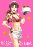  apron armband azasuke bell bikini black_lagoon bow bra breasts brown_eyes brown_hair cake choker christmas commentary_request cowboy_shot eyebrows_visible_through_hair fingerless_gloves food gloves highres holding holding_cake holding_food looking_at_viewer maid maid_apron maid_bikini maid_headdress medium_breasts merry_christmas navel open_mouth panties pink_background ponytail revy_(black_lagoon) simple_background swimsuit teeth tongue tray underwear 