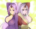  breasts cleavage closed_mouth collarbone dual_persona fang horns large_breasts long_hair looking_at_viewer oni oni_horns ponytail purple_eyes purple_hair shion_(tensei_shitara_slime_datta_ken) single_horn smile tensei_shitara_slime_datta_ken ueyama_michirou 