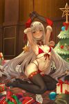  1girl absurdres alba armpits arms_up bangs bell black_legwear blush bound bound_wrists breasts christmas christmas_tree cleavage elbow_gloves eyebrows_visible_through_hair fairy_knight_lancelot_(fate) fate/grand_order fate_(series) full_body getter-1 getter-2 getter-3 gift gloves green_eyes highres indoors long_hair looking_at_viewer mixed-language_commentary navel panties parted_lips red_panties silver_hair small_breasts solo thighhighs thighs underwear wooden_floor 