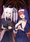  2girls absurdres ahoge animal_ears bangs blue_dress blurry blurry_background blush book braid breasts church_interior commentary_request cross cross_necklace dress extra_ears eyebrows_visible_through_hair fox_ears fox_girl glasses gloves green_eyes habit hair_between_eyes highres holding holding_book hololive houshou_marine indoors jewelry large_breasts long_hair looking_at_viewer multiple_girls necklace nun open_mouth oshiruko_(oshiruco_212048) outstretched_arm own_hands_together priest red_eyes red_hair shirakami_fubuki sidelocks single_braid virtual_youtuber white_gloves white_hair 