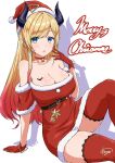  1girl absurdres aqua_eyes arm_support asanaya bangs bare_shoulders bell belt blonde_hair blush breasts choker christmas cleavage collarbone demon_girl demon_horns dress eyebrows_visible_through_hair gloves gradient_hair hand_up hat highres hololive horns large_breasts long_hair looking_at_viewer merry_christmas multicolored_hair neck_bell off-shoulder_dress off_shoulder open_mouth pointy_ears red_choker red_gloves red_legwear santa_costume santa_hat signature simple_background sitting solo thighhighs virtual_youtuber white_background yuzuki_choco 