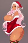  1girl aqua_eyes arched_back ass bare_shoulders breasts christmas cleavage dark-skinned_female dark_skin elf highres large_breasts leaning_forward looking_at_viewer original pink_hair plump pointy_ears santa_costume seductive_smile smile tan thick_thighs thigh_strap thighs 