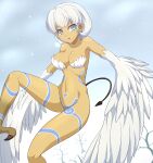  1girl absurdres bangs blunt_bangs bodypaint bottomless breasts clam_curry commentary_request eyebrows_visible_through_hair feather_magic green_eyes harpy highres medium_breasts monster_girl open_mouth short_hair solo tail tales_of_(series) tales_of_symphonia tan tree white_feathers white_hair white_wings winged_arms wings 