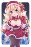 1girl :o alternate_costume baku-p bell blonde_hair blue_eyes blurry blurry_background blush border bow bowtie breasts capelet cleavage cleavage_cutout clothing_cutout commentary_request dress eyebrows_visible_through_hair fairy_wings feet_out_of_frame gloves hair_between_eyes hat head_tilt highres lily_white long_hair looking_at_viewer medium_breasts neck_bell night open_mouth outside_border pantyhose red_bow red_bowtie red_capelet red_dress red_gloves red_headwear santa_costume santa_hat snowing solo standing touhou white_border wings 