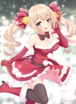  1girl :d bangs barbara_(genshin_impact) bell black_legwear blue_eyes blurry blurry_background blush boots bow breasts brown_hair christmas cleavage commentary_request depth_of_field dress elbow_gloves eyebrows_visible_through_hair feet_out_of_frame frilled_dress frills fur-trimmed_boots fur-trimmed_dress fur-trimmed_gloves fur_trim genshin_impact gloves hair_bell hair_bow hair_ornament hand_up high_heel_boots high_heels long_hair looking_at_viewer medium_breasts minakami_rinka red_bow red_dress red_footwear red_gloves ringlets santa_costume skirt_hold smile solo standing standing_on_one_leg strapless strapless_dress thighhighs thighhighs_under_boots twintails very_long_hair 