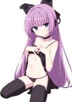  1girl azur_lane bangs bare_arms bare_shoulders black_choker black_dress black_legwear black_panties blue_eyes blunt_bangs choker clothes_lift collarbone commentary_request dress dress_lift eyebrows_visible_through_hair lifted_by_self looking_at_viewer navel no_shoes oueo panties parted_lips purple_hair simple_background sleeveless sleeveless_dress solo squatting tashkent_(azur_lane) thighhighs underwear white_background 