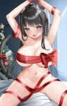  1girl bangs bdsm bed bedroom black_hair blue_eyes bondage bound breasts christmas christmas_tree commentary_request day highres huge_breasts katsushika_pachi long_hair looking_at_viewer naked_ribbon navel open_mouth original ribbon smile solo 