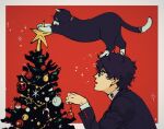  2boys amamiya_ren animal_on_head black_cat black_hair black_jacket blue_eyes border cat cat_on_head christmas christmas_garland christmas_ornaments christmas_tree commentary decorating jacket looking_up morgana_(persona_5) multiple_boys on_head persona persona_5 profile sageo_yn short_hair shuujin_academy_uniform sparkle star_(symbol) symbol-only_commentary upper_body 