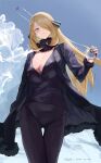  1girl absurdres black_coat black_collar black_pants black_shirt blonde_hair blush breasts cleavage cloud coat collar commentary_request cynthia_(pokemon) dated day from_below fur_collar grey_eyes hair_ornament hair_over_one_eye highres holding holding_poke_ball long_hair looking_at_viewer open_clothes open_coat outdoors pants parted_lips poke_ball pokemon pokemon_(game) pokemon_dppt shirt signature sky smile solo taino_kou thigh_gap ultra_ball 