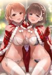  2girls bangs blue_eyes blush bra breasts brown_hair cleavage commentary_request cowboy_shot elbow_gloves eyebrows_visible_through_hair gloves hairband hand_up highres hojo_karen idolmaster idolmaster_cinderella_girls large_breasts looking_at_viewer mk_(mod0) multiple_girls navel open_mouth orange_eyes panties red_gloves red_hairband sakuma_mayu smile thighhighs thighs underwear white_bra white_legwear white_panties 