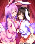  2girls :d animal_ears bangs bed belt black_hair black_legwear blush breasts carrot_necklace collared_shirt commentary_request cosplay costume_switch floppy_ears highres holding_hands inaba_tewi inaba_tewi_(cosplay) large_breasts light_purple_hair long_hair looking_at_viewer miniskirt multiple_girls necktie open_mouth orange_skirt panties panty_pull pillow puffy_short_sleeves puffy_sleeves pulled_by_self rabbit_ears rabbit_tail red_belt red_curtains red_eyes red_necktie reisen_udongein_inaba reisen_udongein_inaba_(cosplay) shiny shiny_hair shirt short_hair short_sleeves sidelocks sitting skirt small_breasts smile tail thighhighs touhou underwear white_shirt wing_collar xialuluo_(sharuro) 