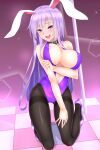  1girl :d alternate_costume animal_collar areola_slip areolae bangs bare_shoulders black_legwear blush breast_hold breasts buckle chinese_commentary cleavage clothing_cutout collar collarbone commentary_request eyelashes high_heels highres kneeling large_breasts light_purple_hair lips long_hair looking_at_viewer navel_cutout open_mouth pantyhose playboy_bunny pole purple_eyes purple_footwear reisen_udongein_inaba shiny shiny_hair sidelocks slit_pupils smile solo sparkle teeth thighband_pantyhose tile_floor tiles tongue touhou upper_teeth xialuluo_(sharuro) 