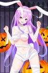  1girl :d ^_^ animal_ears bandaged_arm bandaged_head bandaged_leg bandaged_neck bandages bangs blush breasts closed_eyes collarbone eyelashes feet_out_of_frame gate halloween halloween_costume highres jack-o&#039;-lantern long_hair looking_at_viewer medium_breasts naked_bandage navel no_bra open_mouth purple_hair rabbit_ears rabbit_tail red_eyes reisen_udongein_inaba shiny shiny_hair sidelocks smile solo standing stomach tail teeth thighs tongue touhou upper_teeth xialuluo_(sharuro) 