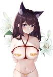  1girl absurdres animal_ears azur_lane bandaid bandaids_on_nipples bangs bdsm blush bondage bound breasts brown_hair embarrassed flower highres hongyouling large_breasts looking_away panties pasties purple_eyes simple_background solo standing underwear white_background 