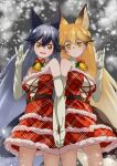  2girls :d absurdres animal_ear_fluff animal_ears bangs bare_shoulders bell black_hair blonde_hair breasts commentary detached_collar dress elbow_gloves extra_ears eyebrows_visible_through_hair ezo_red_fox_(kemono_friends) fox_ears fox_girl fox_shadow_puppet fox_tail fur-trimmed_dress fur_trim gloves grey_hair hair_between_eyes hand_up highres holding_hands kemono_friends long_hair medium_breasts multicolored_hair multiple_girls neck_bell orange_eyes plaid plaid_dress red_dress silver_fox_(kemono_friends) smile snowing strapless strapless_dress tail tanabe_(fueisei) very_long_hair white_gloves 