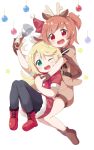  2girls :d ;d animal_costume animal_ears bangs bell belt black_legwear blonde_hair boots brown_gloves brown_hair capelet christmas_ornaments commentary_request deer_ears fake_animal_ears fake_antlers fang full_body fur_trim gloves green_eyes hairband hat highres himesaka_noa holding holding_bell holding_hands hoshino_hinata looking_at_viewer makuran multiple_girls one_eye_closed one_side_up pantyhose red_eyes red_footwear reindeer_costume santa_costume santa_hat short_hair simple_background skin_fang smile watashi_ni_tenshi_ga_maiorita! white_background 