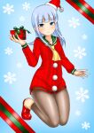  1girl blue_background blue_eyes blue_hair christmas commentary_request dress full_body fur-trimmed_headwear fur_trim gift gradient gradient_background green_sailor_collar hat hatsukaze_(kancolle) holding holding_gift kantai_collection kudou_(ooabareteng) long_hair looking_at_viewer multicolored_background neckerchief official_alternate_costume pantyhose red_dress red_headwear sailor_collar sailor_dress santa_hat snowflake_background solo yellow_neckerchief 