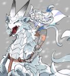  1girl blizzard blue_eyes cape dobrynya_nikitich_(fate) dragon fate/grand_order fate_(series) fur-trimmed_headwear grey_background highres metal_boots ramune_gohan riding snow tail white_hair 