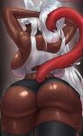  1girl ass backboob black_sclera breasts cat_girl coco_(bakeneko) colored_sclera curvy dark-skinned_female dark_skin from_behind from_below highres huge_ass huge_breasts looking_at_viewer original ponytail superbusty tail thick_thighs thighs white_hair wide_hips 