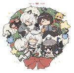  1other 4boys 5girls absurdres ambiguous_gender animal_ears arknights bangs black_hair blue_eyes brother_and_sister chibi christmas christmas_ornaments cliffheart_(arknights) courier_(arknights) degenbrecher_(arknights) doctor_(arknights) english_text gnosis_(arknights) highres hug kjera_(arknights) kyou_039 leopard_ears leopard_tail long_hair matterhorn_(arknights) moschi_(arknights) multicolored_hair multiple_boys multiple_girls pramanix_(arknights) red_hair short_hair siblings silver_hair silverash_(arknights) sisters sleeping tail tail_hug tenzin_(arknights) 