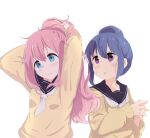  2girls :o adjusting_hair arms_up bangs black_sailor_collar blue_eyes blue_hair blush closed_mouth commentary_request hair_bun highres interlocked_fingers kagamihara_nadeshiko long_hair long_sleeves looking_at_another looking_at_viewer multiple_girls murairamuraiari neckerchief own_hands_together parted_lips pink_hair purple_eyes sailor_collar shima_rin simple_background sweatdrop sweater upper_body white_background white_neckerchief yellow_sweater yurucamp 