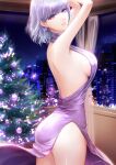  1girl alternate_costume arms_up ass back bangs bare_shoulders breasts building christmas christmas_tree curtains dress earrings eyes_visible_through_hair filha from_side girls&#039;_frontline hair_behind_ear halterneck highres indoors jewelry large_breasts looking_at_viewer night night_sky purple_eyes purple_hair rpk-16_(girls&#039;_frontline) short_hair side_slit sideboob silver_hair sky thighs window 