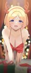  1girl :d absurdres aki_rosenthal all_fours barefoot blonde_hair blue_eyes blush box breasts christmas cleavage collarbone eyebrows_visible_through_hair fake_antlers gift gift_box hairband highres hololive large_breasts looking_at_viewer open_mouth red_hairband short_hair smile toes twin_(tt_lsh) virtual_youtuber 