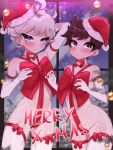  2boys arm_behind_head bangs bede_(pokemon) blurry blush bow brown_hair btms666 christmas closed_mouth collarbone commentary curly_hair elbow_gloves eyelashes gloves grey_hair hand_up hat highres male_focus merry_christmas multiple_boys neck_garter pokemon pokemon_(game) pokemon_swsh purple_eyes red_bow red_headwear santa_hat shiny shiny_skin short_hair thighhighs victor_(pokemon) white_gloves white_legwear 
