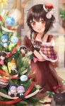  1girl absurdres alternate_costume aqua_(konosuba) bangs bare_shoulders blush character_doll chomusuke chris_(konosuba) christmas_tree collarbone commentary_request darkness_(konosuba) eris_(konosuba) eyebrows_visible_through_hair green_ribbon hair_ornament hat highres indoors kono_subarashii_sekai_ni_shukufuku_wo! looking_at_viewer megumin open_mouth plaid_capelet red_eyes red_headwear red_ribbon ribbon santa_hat satou_kazuma short_hair smile solo standing star_(symbol) yuno_(suke_yuno) yunyun_(konosuba) 