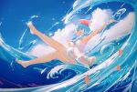  1girl absurdres barefoot breasts cleavage cloud day fanghx fish haiyi highres large_breasts light_blue_eyes light_blue_hair medium_hair ocean open_mouth signature sky smile solo swimsuit synthesizer_v 